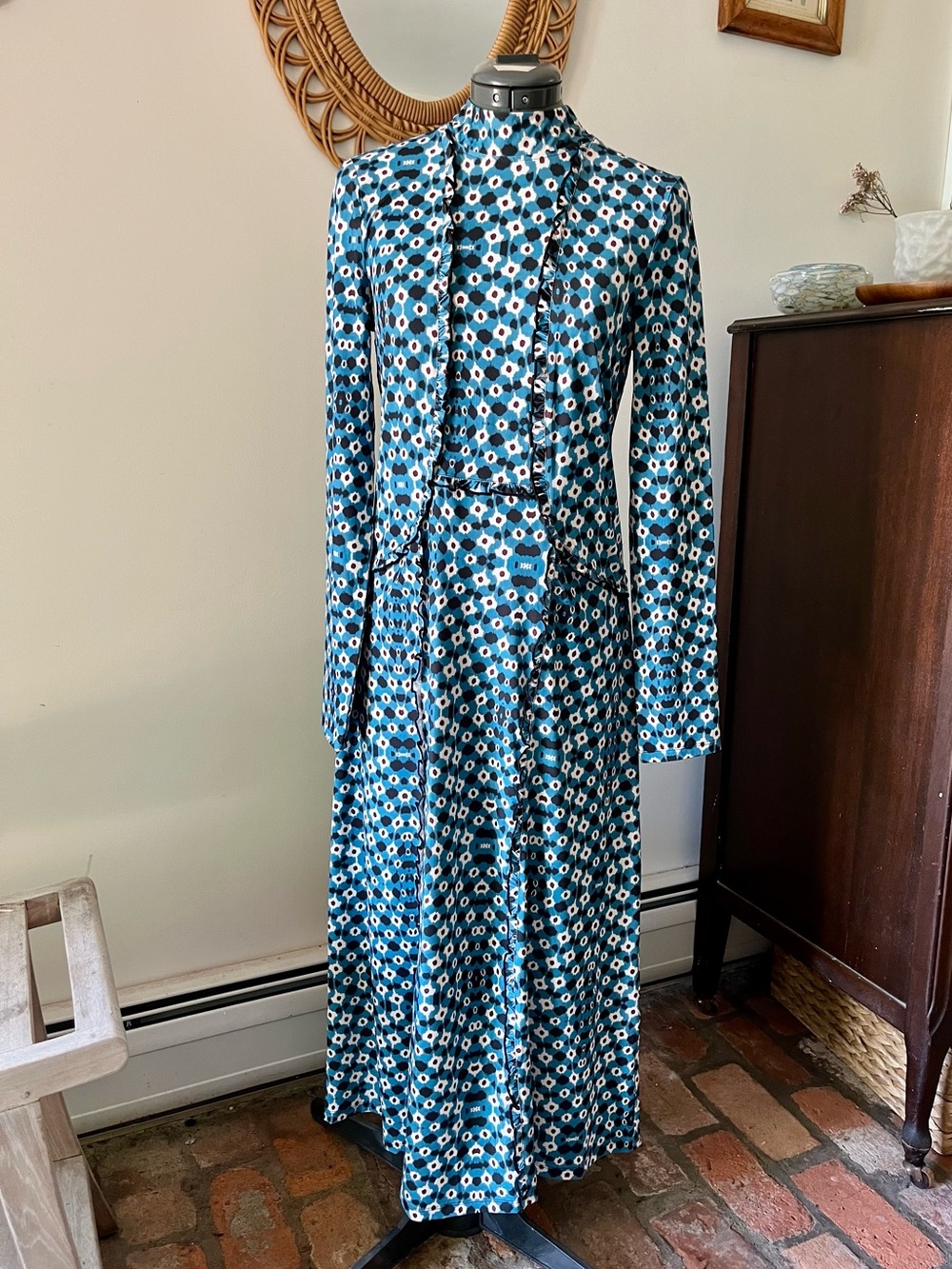 SEA New York Blue Geometric Print Mock Neck Ruffle Trim Maxi Dress Size M